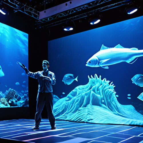 **

A stage scene blending projection mapping and live actors. The backdrop is a giant screen showing deep-sea imagery (blue light, waves, fish).  A sense of immersion and cutting-edge technology.

**