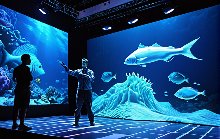 **

A stage scene blending projection mapping and live actors. The backdrop is a giant screen showing deep-sea imagery (blue light, waves, fish).  A sense of immersion and cutting-edge technology.

**