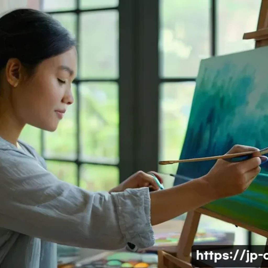문화예술사와 예술 심리치료의 접목 사례 - **Prompt:** A serene and focused woman in her late 20s, wearing a comfortable, modest smock dress ov...