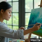 문화예술사와 예술 심리치료의 접목 사례 - **Prompt:** A serene and focused woman in her late 20s, wearing a comfortable, modest smock dress ov...