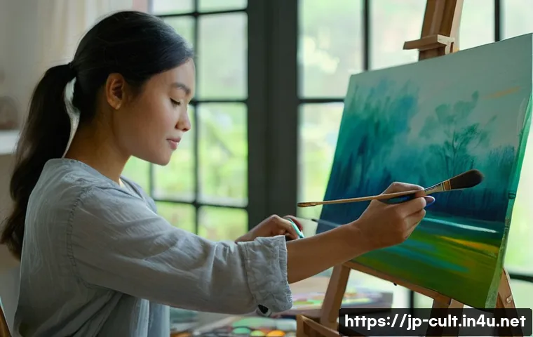 문화예술사와 예술 심리치료의 접목 사례 - **Prompt:** A serene and focused woman in her late 20s, wearing a comfortable, modest smock dress ov...