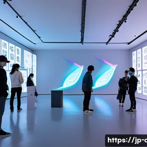 문화예술사와 타 분야의 협업 사례 - A futuristic digital art exhibition in a sleek gallery space featuring immersive VR and AR installat...