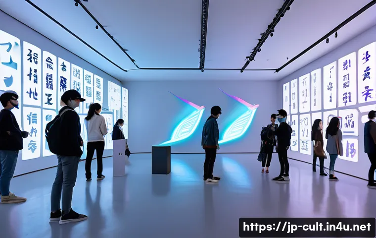 문화예술사와 타 분야의 협업 사례 - A futuristic digital art exhibition in a sleek gallery space featuring immersive VR and AR installat...