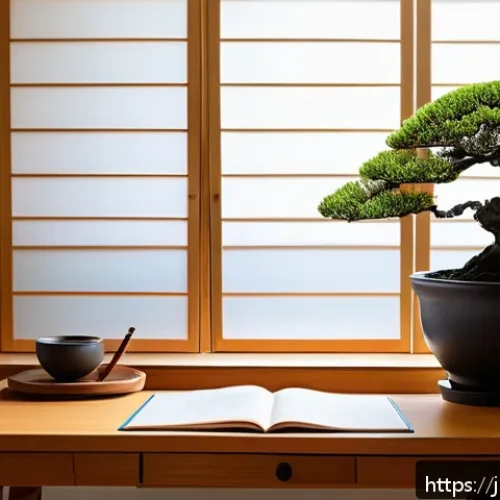 문화예술사 자격증에 대한 Q A - A serene Japanese study room with a modern minimalist design, featuring a wooden desk cluttered with...
