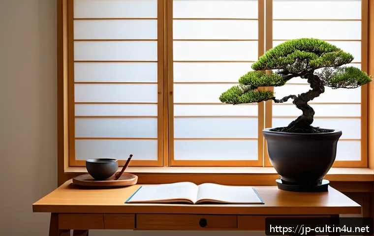 문화예술사 자격증에 대한 Q A - A serene Japanese study room with a modern minimalist design, featuring a wooden desk cluttered with...