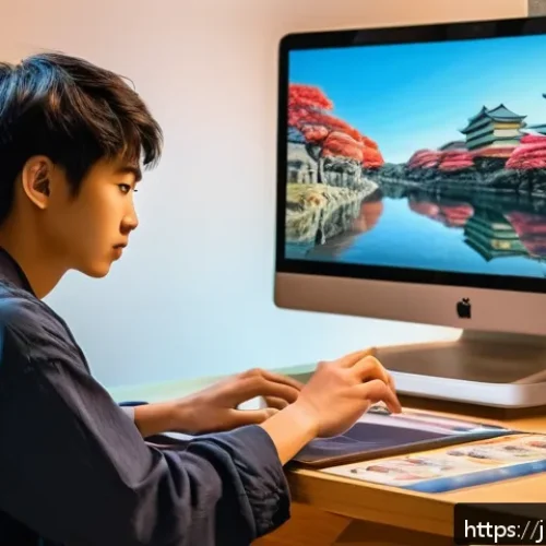 문화예술사로서의 다양한 진로 옵션 - A modern digital art studio scene showcasing a young Japanese content creator filming an educational...