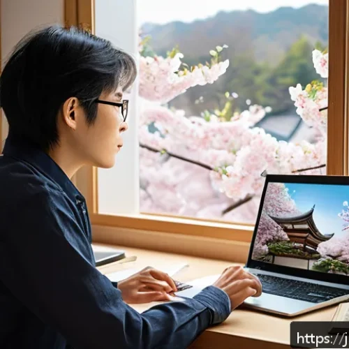 문화예술사 실무 역량 강화 방법 - A modern Japanese researcher in a cozy home office, using a laptop to access an online digital art a...