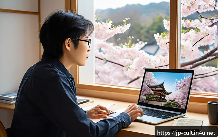 문화예술사 실무 역량 강화 방법 - A modern Japanese researcher in a cozy home office, using a laptop to access an online digital art a...