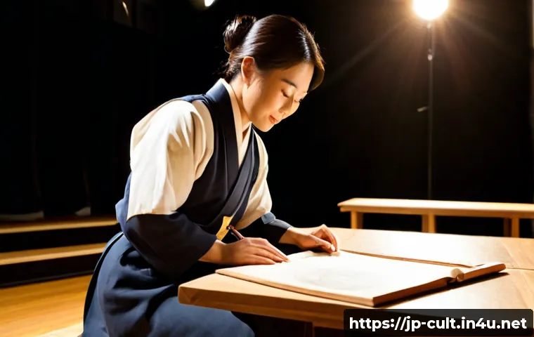 문화예술사와 공연예술 매니지먼트의 연결고리 - Photorealistic backstage theater scene connecting cultural art history and performance management, a...